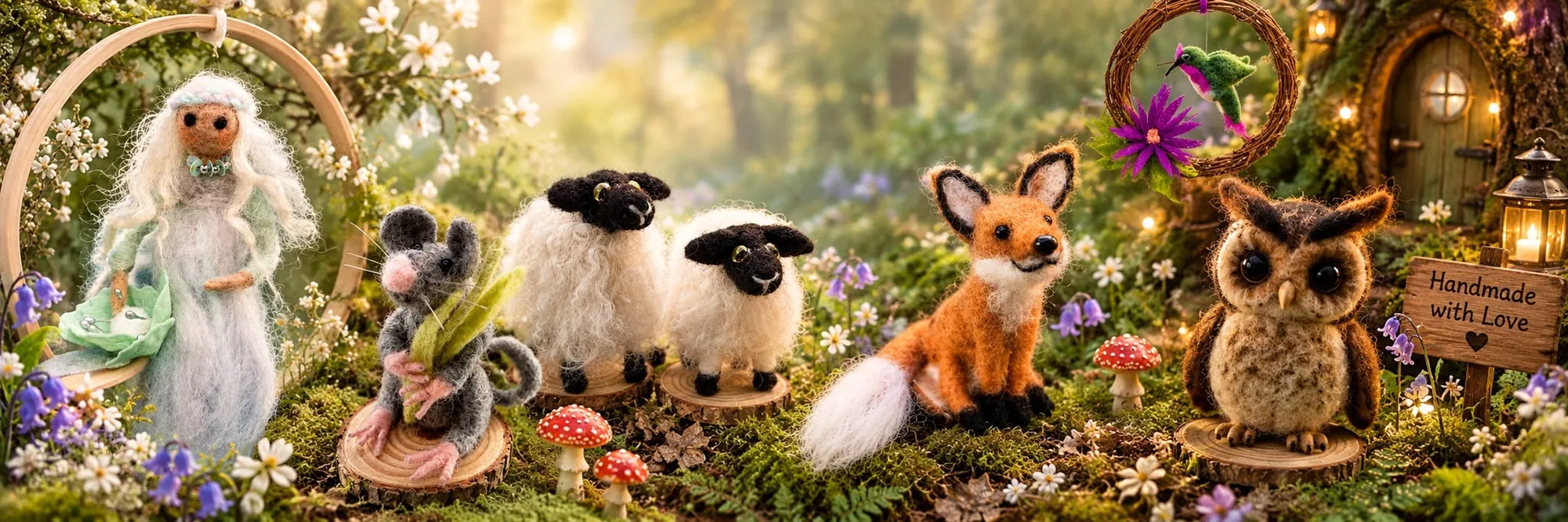 A line-up of needle felt pieces in a woodland setting: a fairy on a hoop, a mouse, two sheep, a fox and an owl, next to a wooden sign reading Handmade with Love