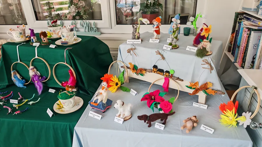 Fairy hoops, teacup mice, dressed mice and rats, flower hoops and felted dogs on the stall