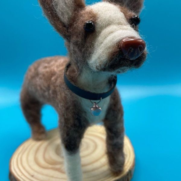 Brown and white dog on wood slice