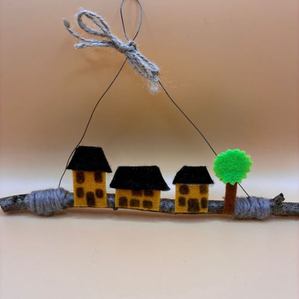 Felt houses and tree on straight hanging twig