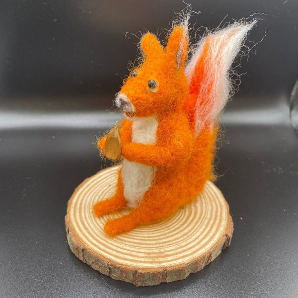 Red squirrel with acorn on wood slice