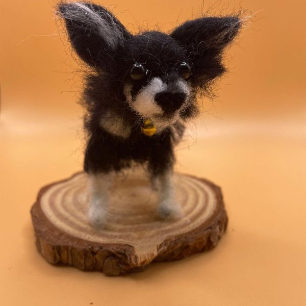 Small black dog with gold bell on wood slice