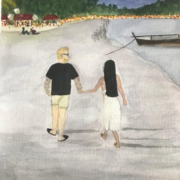 Watercolour couple walking hand in hand on a beach at dusk