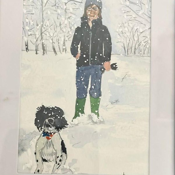 Watercolour person and dog walking in falling snow