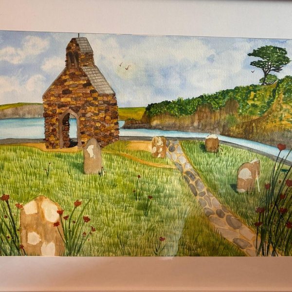 Watercolour stone chapel on a coastal headland with wildflowers