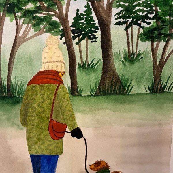 Watercolour woman walking a small dog through green woodland