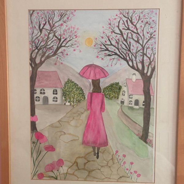 Watercolour woman with pink umbrella walking through a village with blossom trees